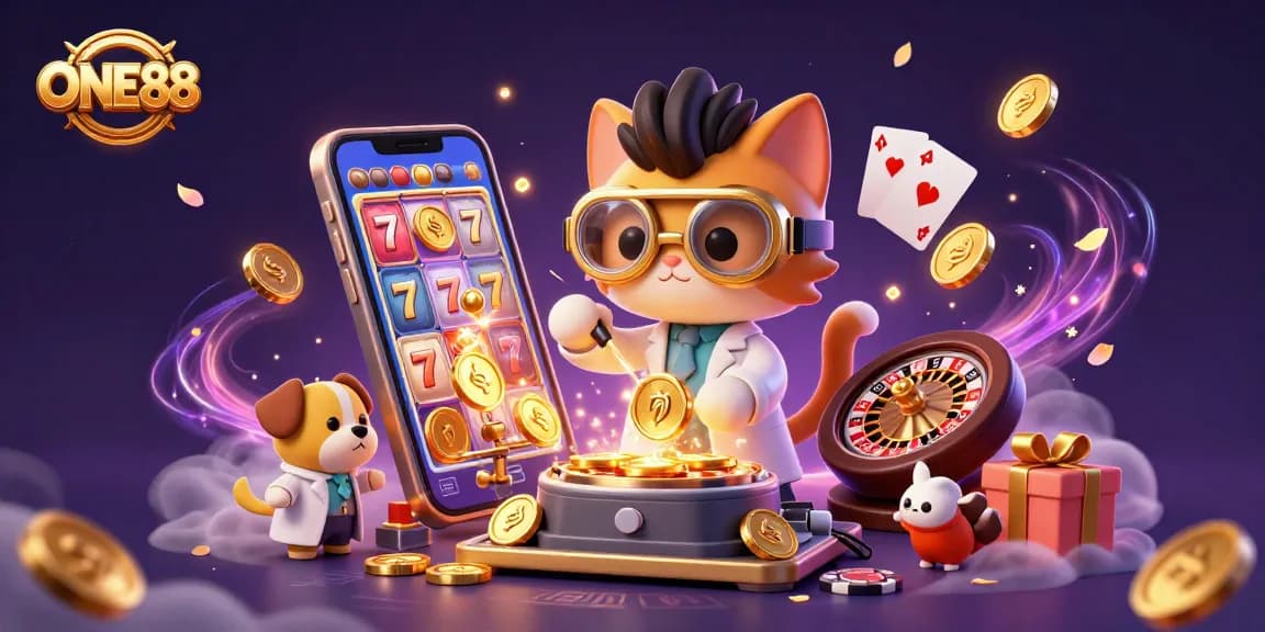 ONE88's lively illustration showcases a mad scientist and assistant amidst slot games, golden coins, and vibrant gaming elements.