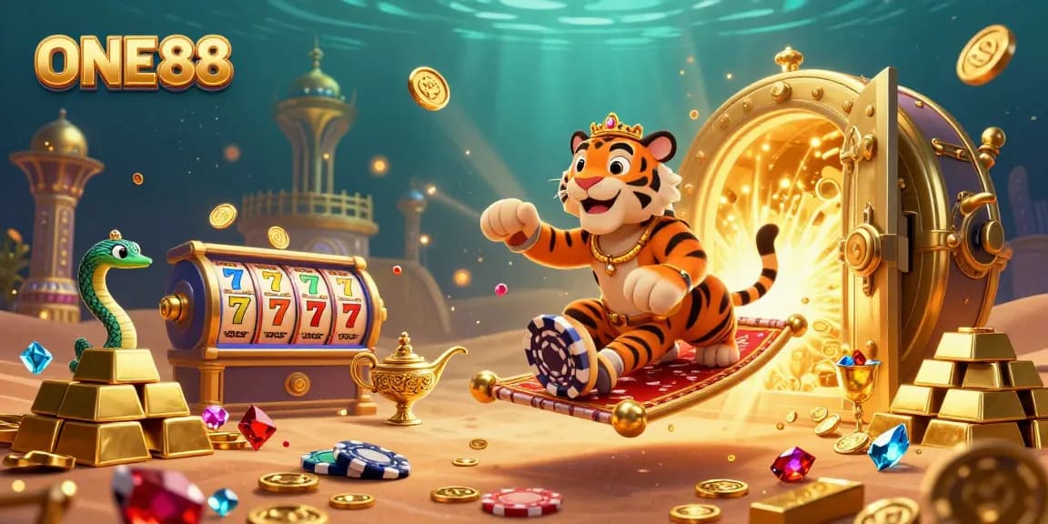 Engage with ONE88's vibrant casino adventure featuring an Arabian Nights tiger sultan amid dazzling treasures.