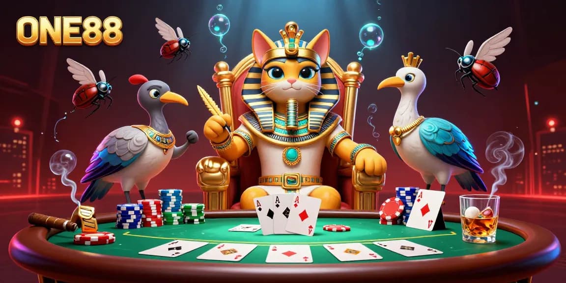 Engage in thrilling gameplay with ONE88's Egyptian-themed casino scene featuring a pharaoh cat and poker elements.