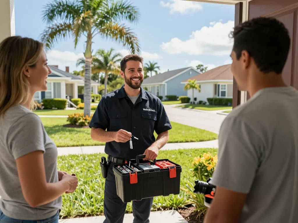 Mobile locksmith Vero Beach assisting a homeowner at their residence with tools, creating a welcoming service experience.