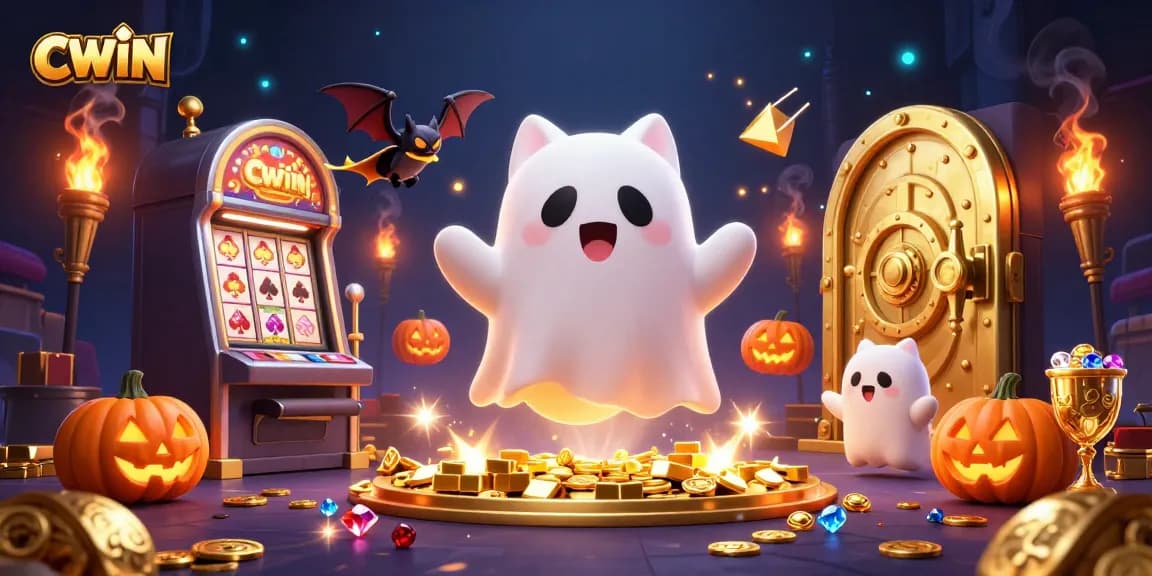 CWIN players enjoy exciting wins amid a dynamic casino scene filled with jack-o-lanterns and ghostly treasures.