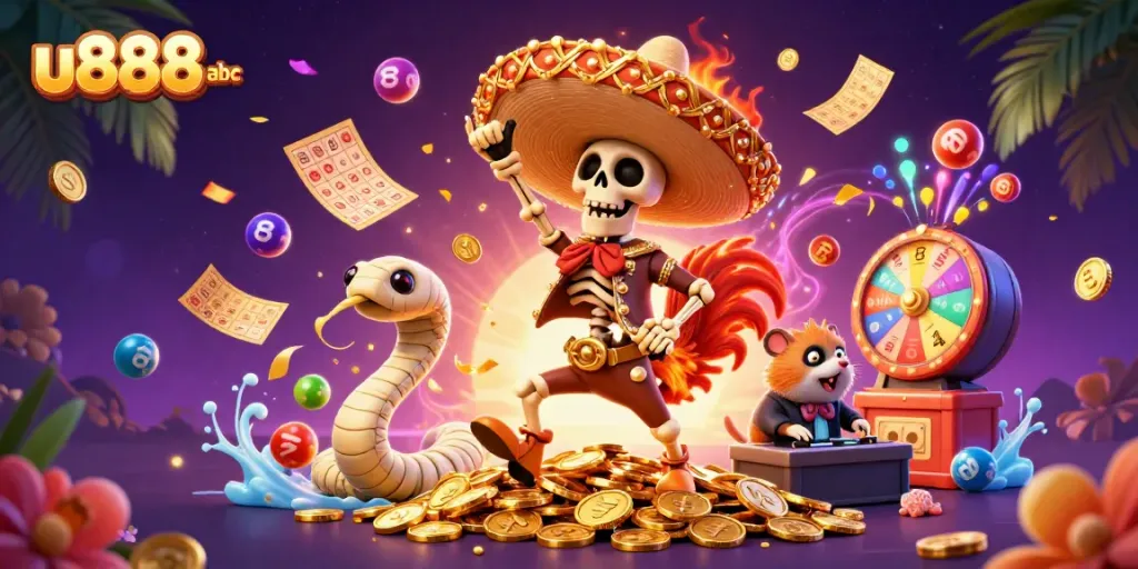 Spin to win with u888 abc, featuring vibrant characters and gambling elements in a colorful casino scene.