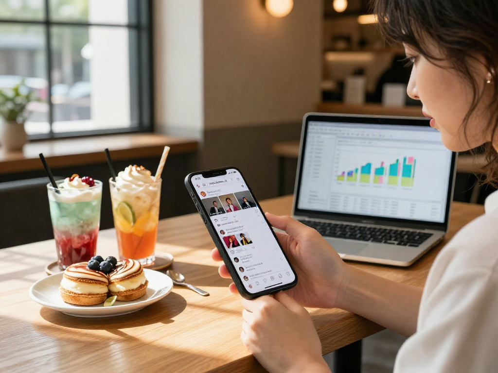 インスタ 日本人 フォロワー 購入のためのカフェでインフルエンサーがスマホを使って交流している様子