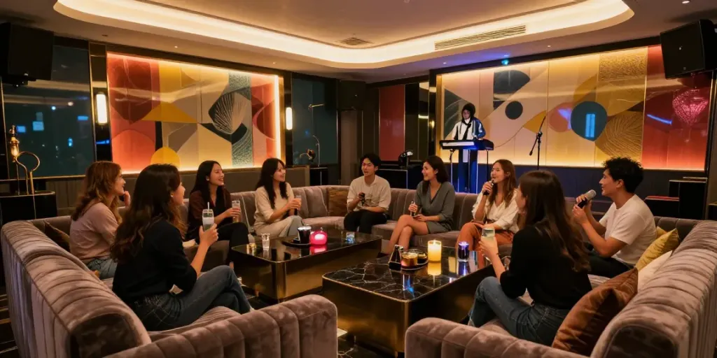 강남유앤미의 세련된 분위기와 고급스러운 좌석 공간을 보여주는 이미지