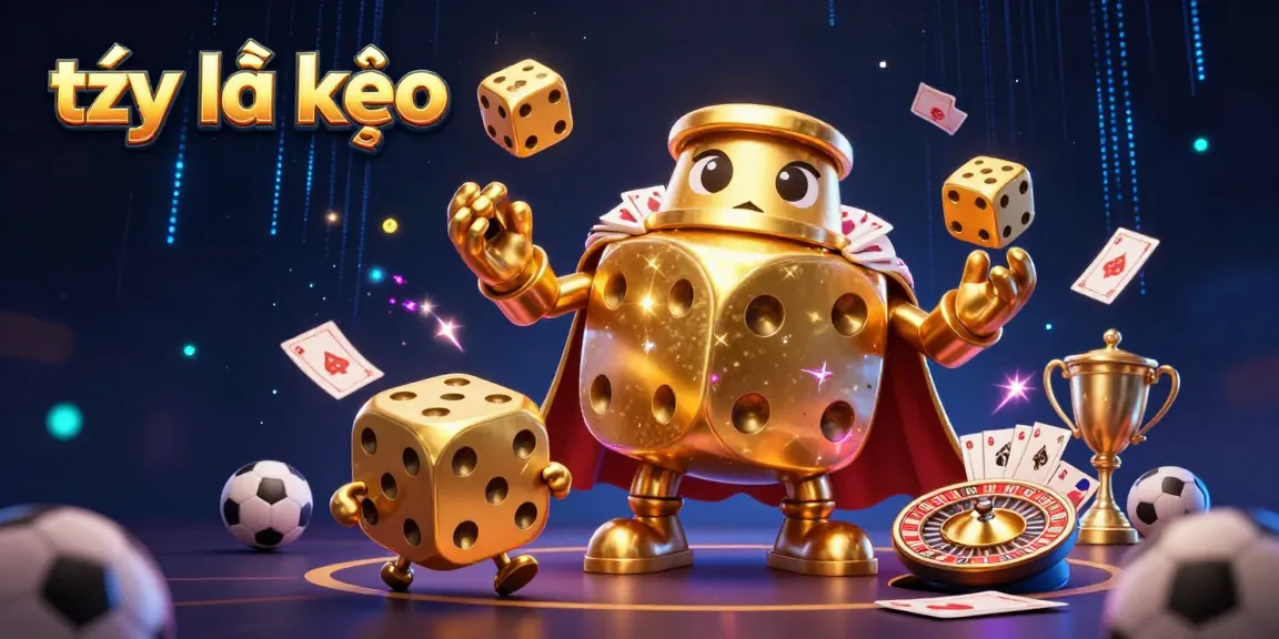 Experience the thrill of tỷ lệ kèo as the golden dice golem juggles wins and betting slips in an exciting 3D scene.