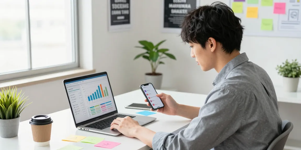 いいね購入のプロセスを分析する日本人若手プロフェッショナルのシーン