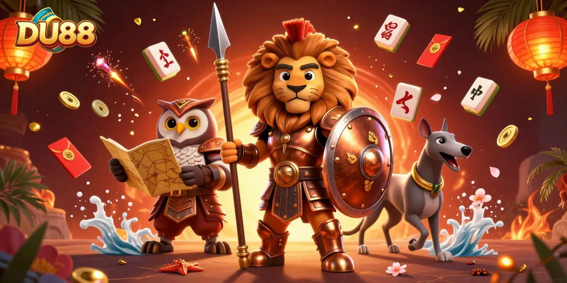 Showcasing DU88 with a Spartan lion, owl strategist, and greyhound amidst vibrant casino elements.