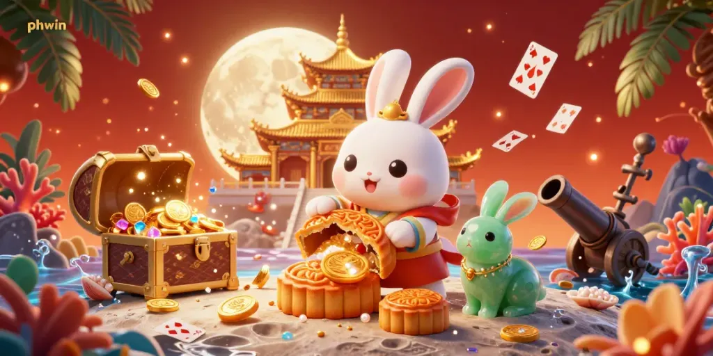 Experience the thrills of phwin with vibrant casino-themed 3D art showcasing a playful moon rabbit and poker chips.