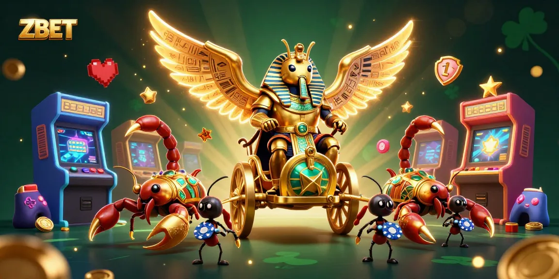 ZBET brings thrilling casino action with a golden scarab beetle chariot and sparkling gaming elements.