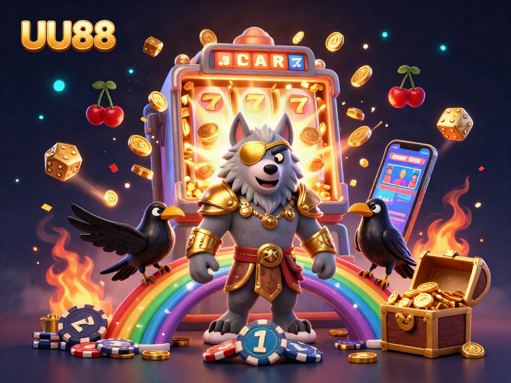 Experience the excitement of UU88 with a vibrant 3D casino scene bursting with energy and classic symbols.