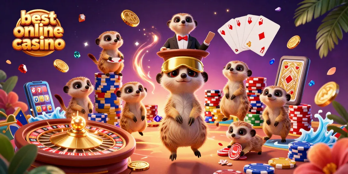 Best online casino scene with meerkats managing a casino, showcasing poker chips and gold coins.