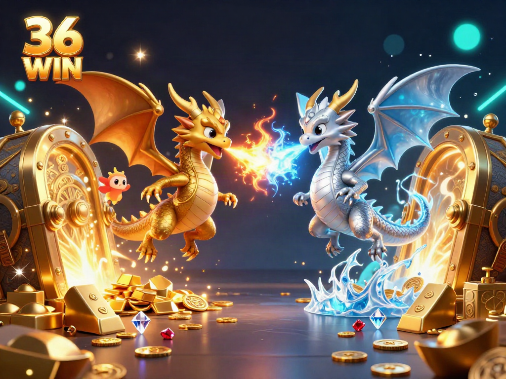 Experience thrilling wins with 36 WIN in a colorful casino scene featuring mythical dragons and treasures.