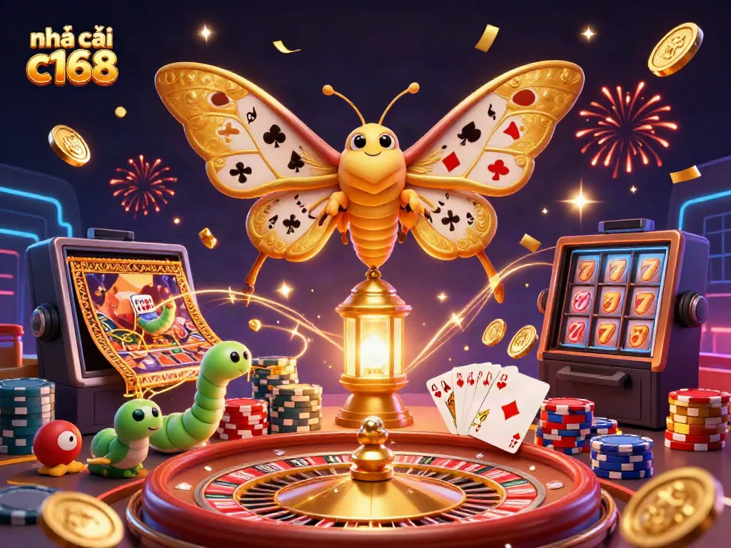 Engaging scene showcasing nhà cái c168 with a 3D cartoon atlas moth and vibrant casino elements.