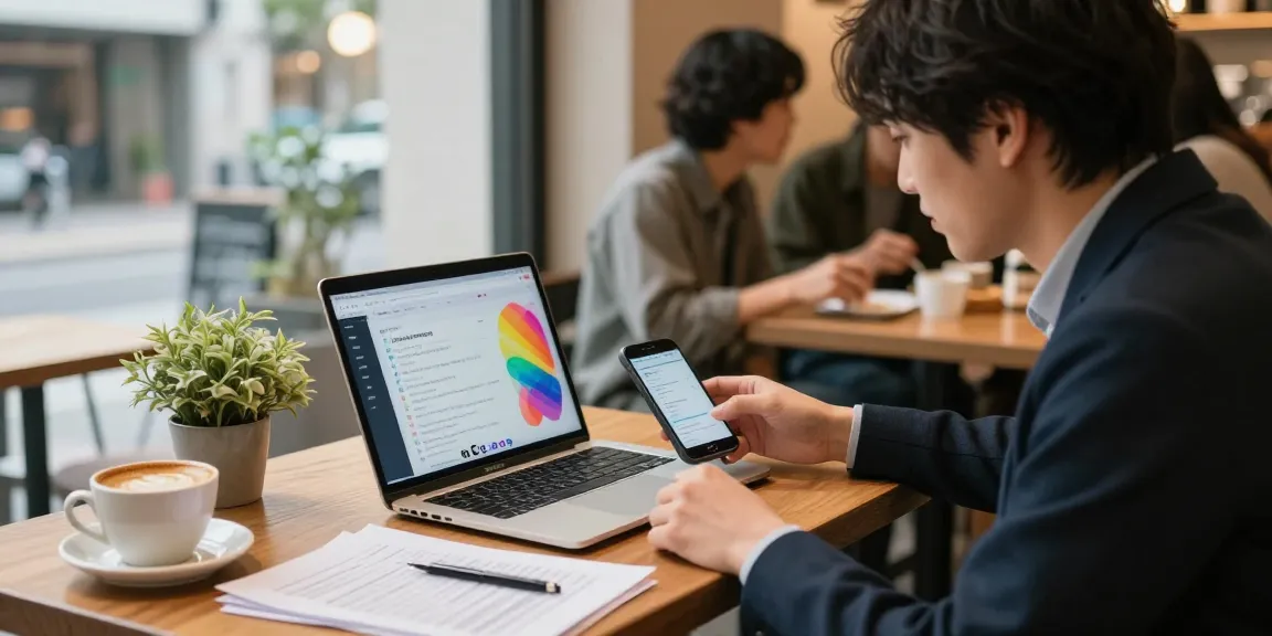 インスタグラム 日本人 フォロワー 購入を活用する若いプロフェッショナルがカフェでマーケティング戦略を思考するシーン。