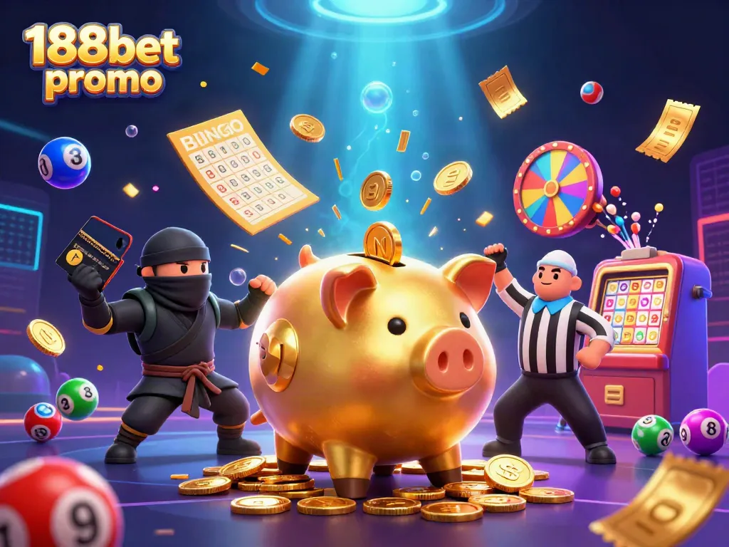188bet promo featuring a golden piggy bank sumo wrestler, dynamic casino elements, and colorful lottery balls