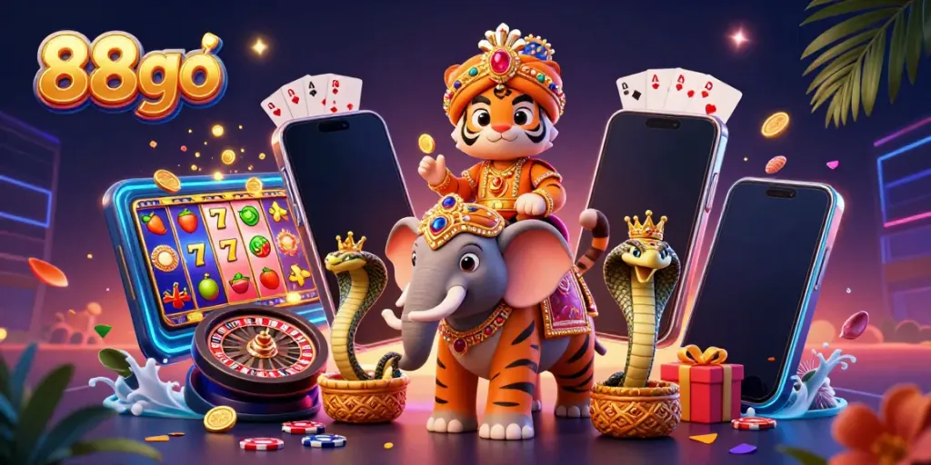 Engage with 88go's vibrant online casino world featuring a jewel-encrusted elephant and dynamic slot game elements.