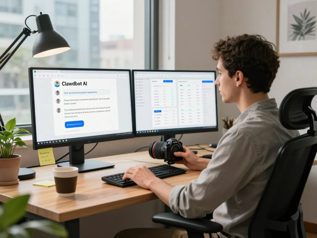 Engaged user interacting with Clawdbot AI on dual monitors in a modern home office setting