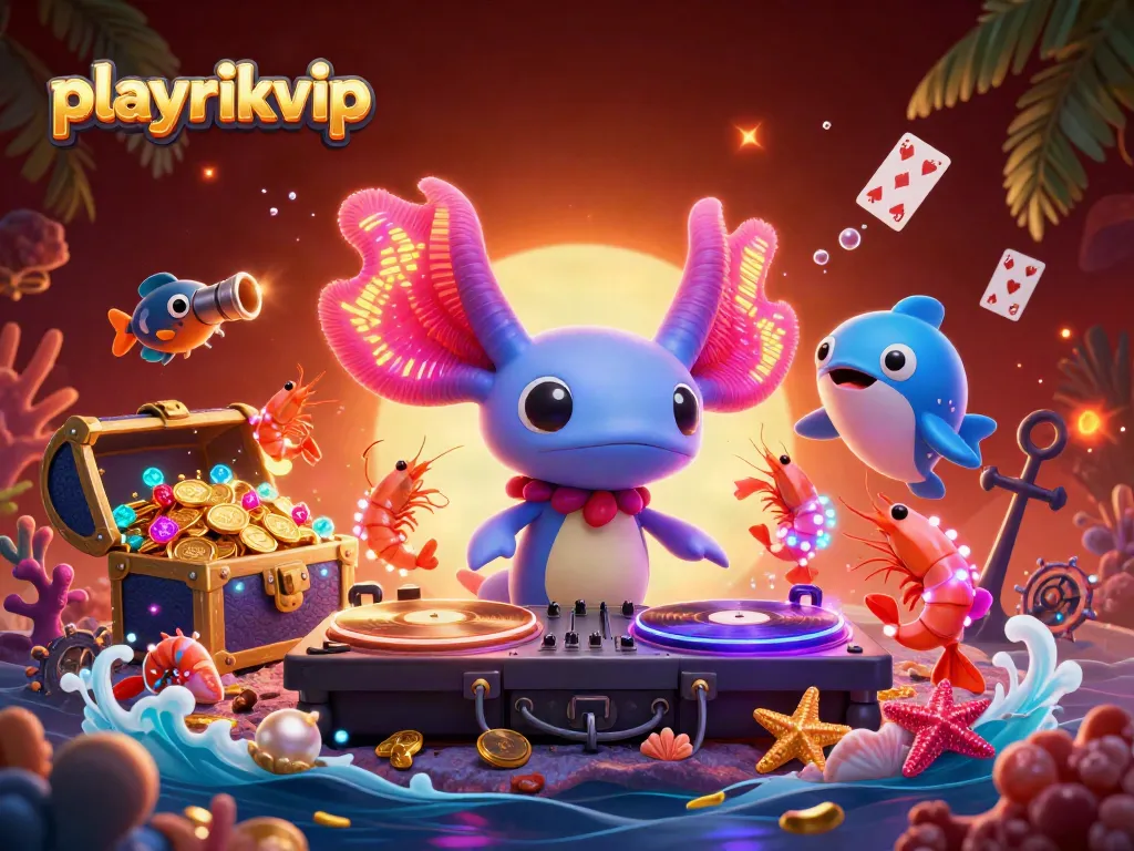 Playrikvip's vibrant underwater casino scene features dynamic characters, gold coins, and thrilling gaming elements.
