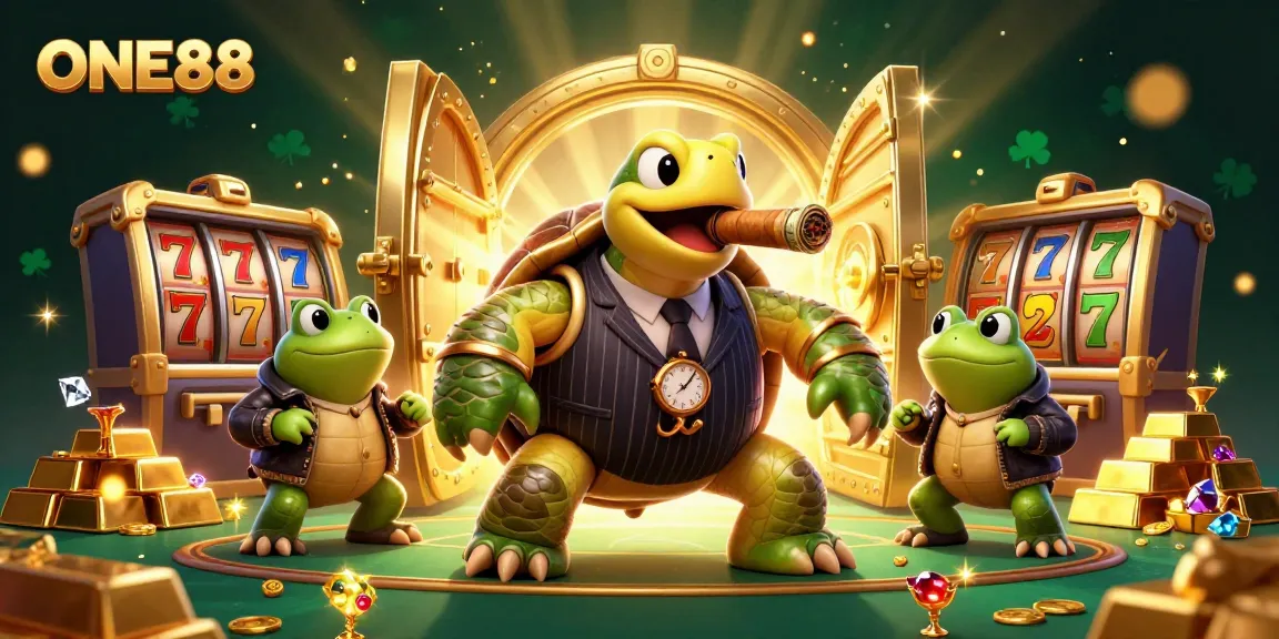 Join the fun at ONE88 with a dazzling scene of a turtle in a suit and casino treasures.