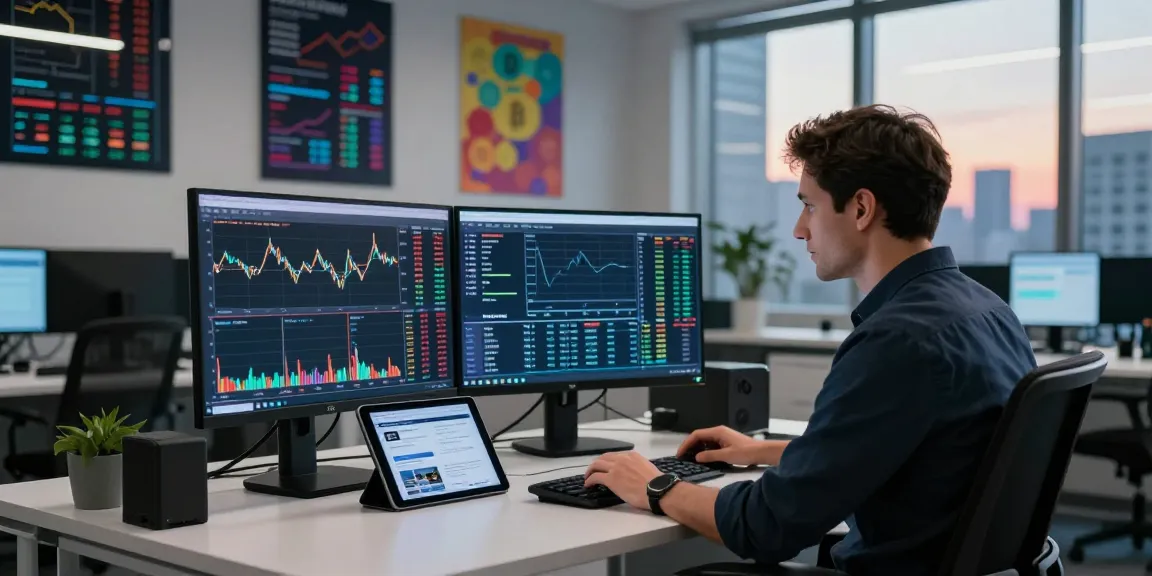 업투익스체인지 trading office scene with trader analyzing cryptocurrency charts