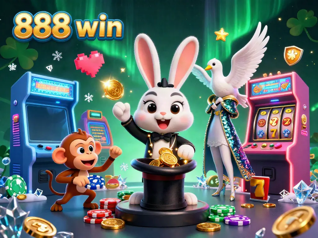 Play casino games at 888 win with a lively 3D illustration of a magician rabbit, assistant dove, and monkey.