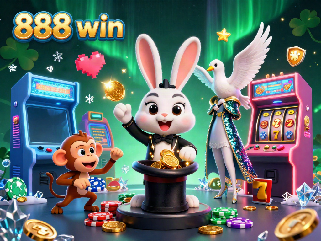 Play casino games at 888 win with a lively 3D illustration of a magician rabbit, assistant dove, and monkey.