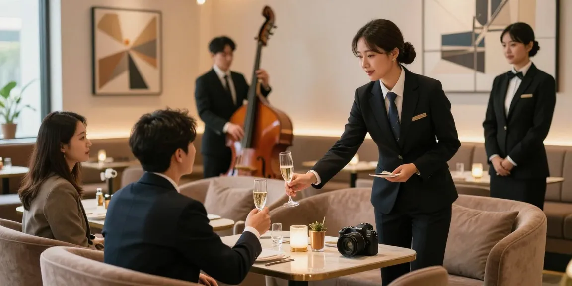강남블랜딩쩜오에서 고급스러운 분위기 속 고객과 매니저의 상호작용 장면