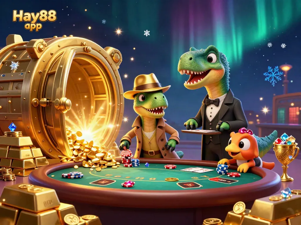 Experience the excitement of the Hay88 app with a colorful 3D casino illustration featuring vibrant characters amid golden treasures.