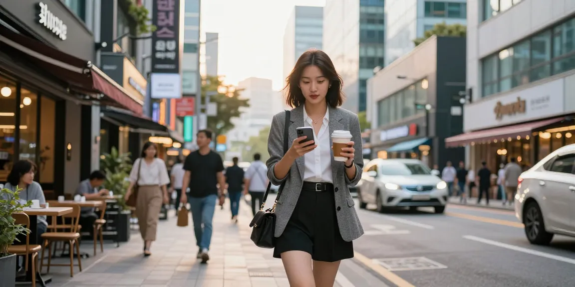 강남 세이렌의 스타일리시한 여성, 바쁜 거리에서 커피를 마시며 스마트폰을 사용하는 모습