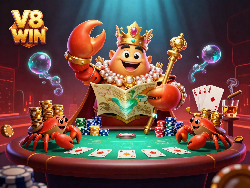 Experience the excitement of V8 WIN at the vibrant casino with a golden crab and treasure, set for a poker tournament.