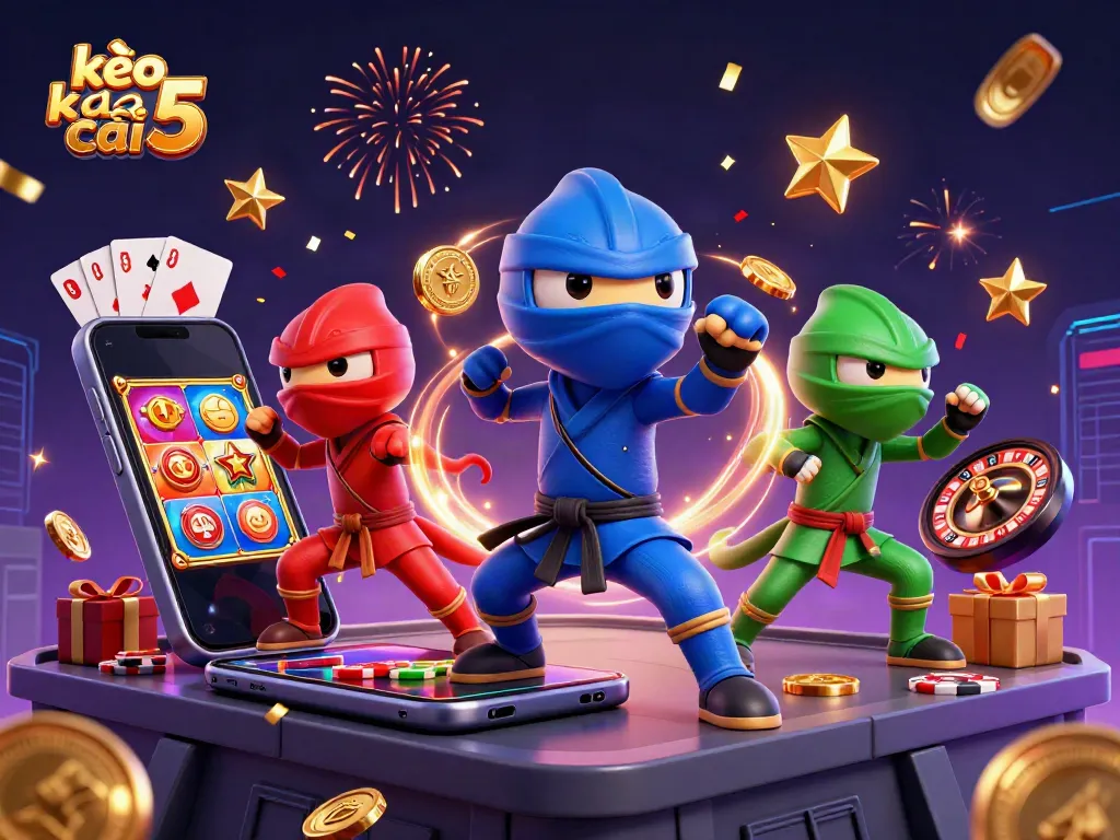 Kèo nhà cái 5 illustrated with ninja chameleons and dynamic casino elements in a vibrant scene.