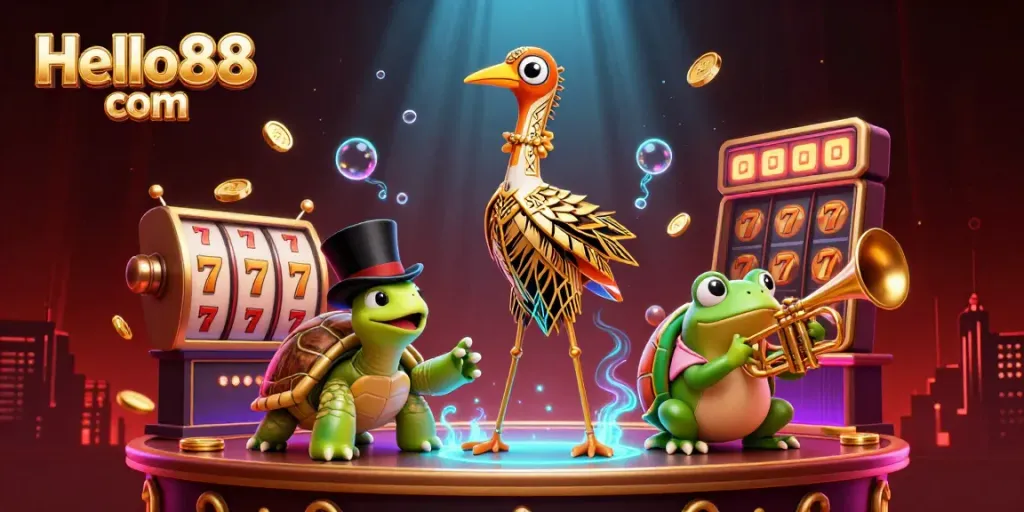 Experience the excitement of Hello88 com with a vibrant 3D casino scene featuring dynamic gaming elements and animated characters.