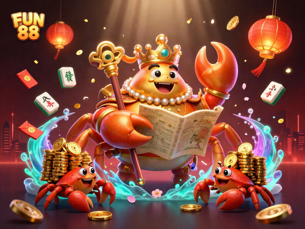 Experience excitement with FUN 88's gaming ambiance, featuring a golden crab emperor and treasures.