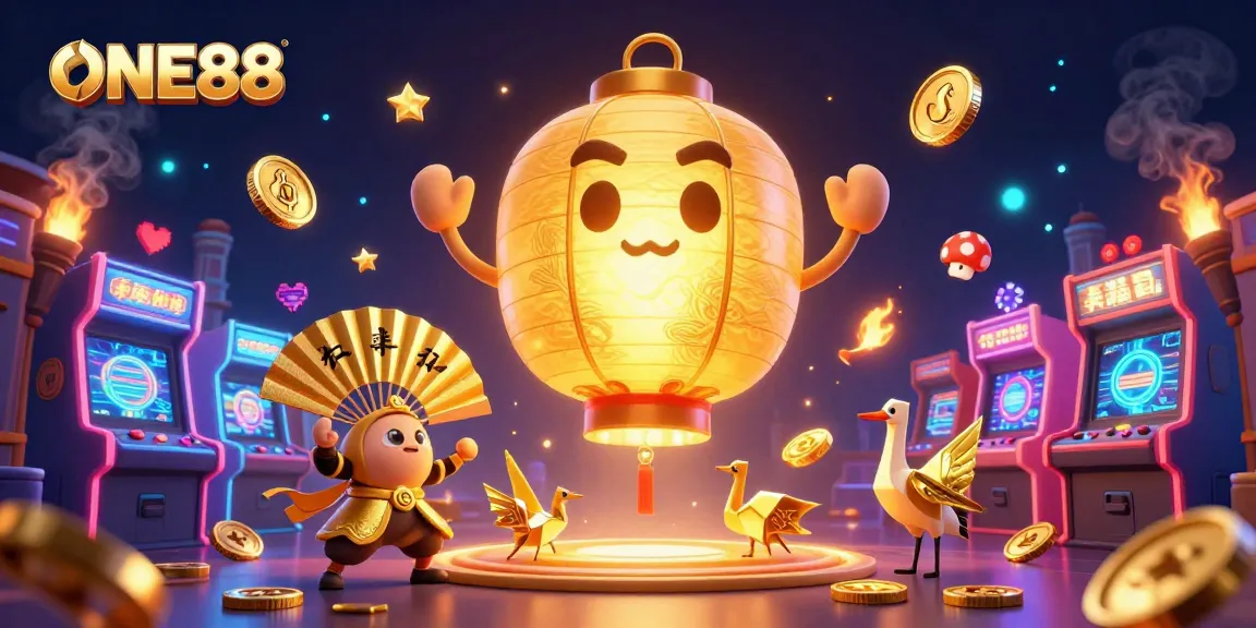 Engage with ONE88 at the vibrant night market casino, showcasing golden characters and colorful gaming elements.