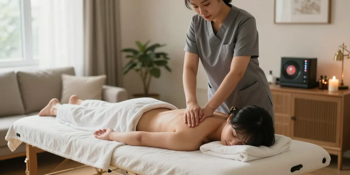 출장안마를 받으며 편안함을 느끼는 고객과 전문 관리사