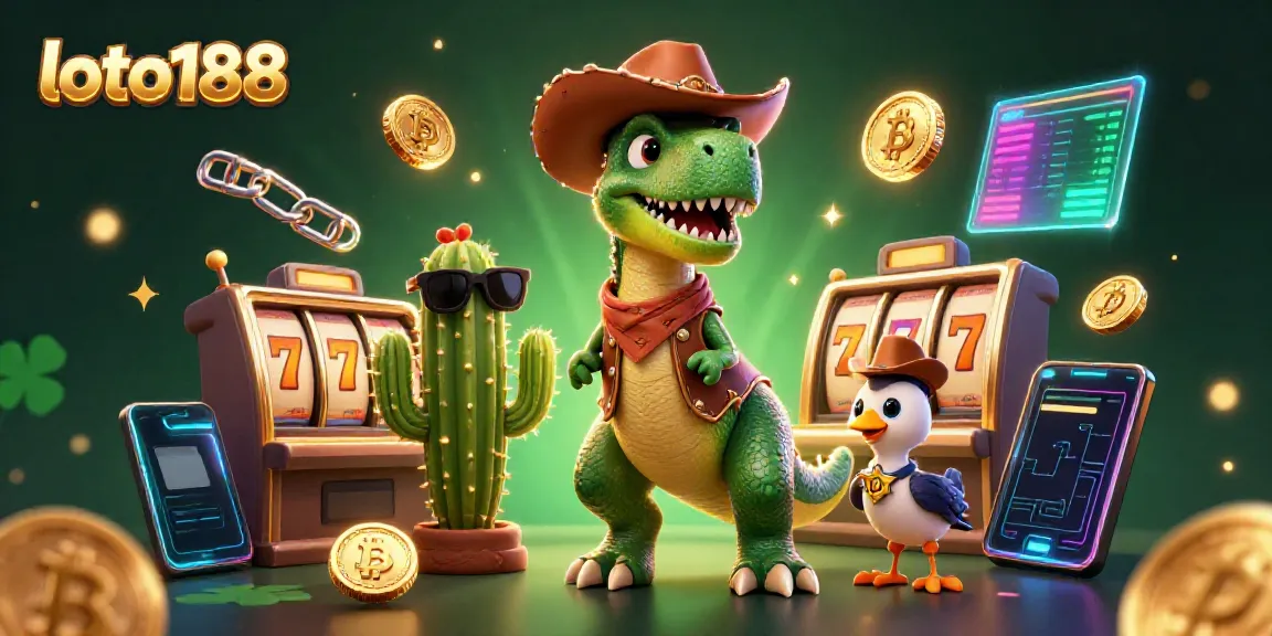 Experience thrilling gaming with loto188's dinosaur cowboy, showcasing slots and crypto elements in a colorful scene.