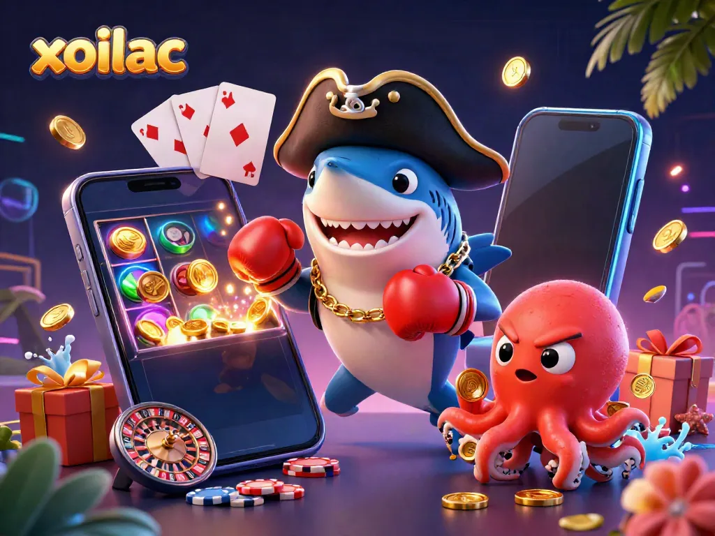 Xoilac platform showcasing vibrant 3D pirate-themed illustration of characters engaged in gambling activities.