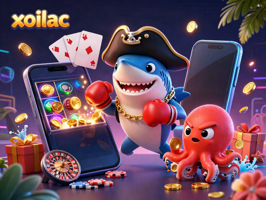 Xoilac platform showcasing vibrant 3D pirate-themed illustration of characters engaged in gambling activities.