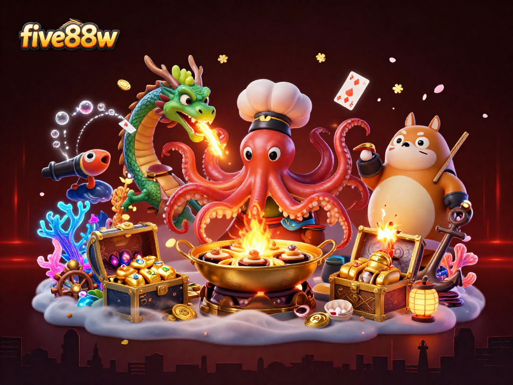 Experience the thrill of five88w with a vibrant casino scene featuring a sushi octopus and treasure galore.