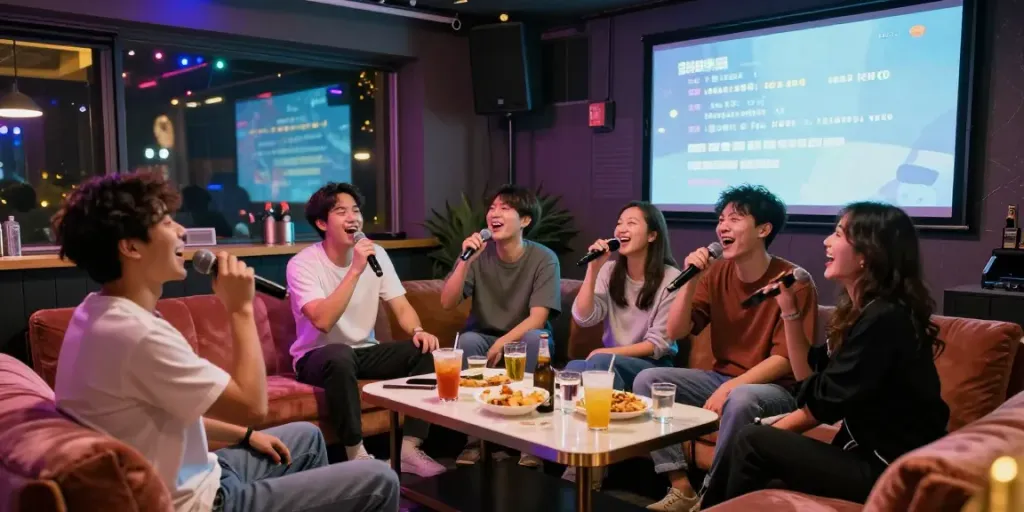 강남 달토에서 다양한 사람들과 함께 즐거운 karaoke 경험을 하는 모습