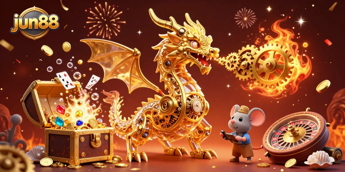 Engage in thrilling gameplay at jun88 with a vibrant 3D scene featuring a golden dragon and treasure.