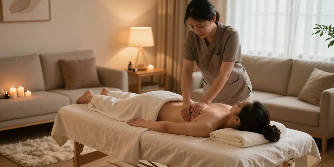 Professional 출장안마 service in a soothing home environment, therapist providing relaxation.
