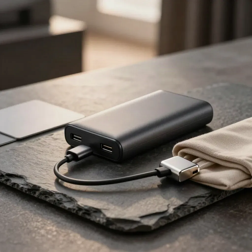 슬레이트 위 샤오미 보조배터리와 USB-C 케이블, 충전 허브, 파우치가 놓인 제품 히어로
