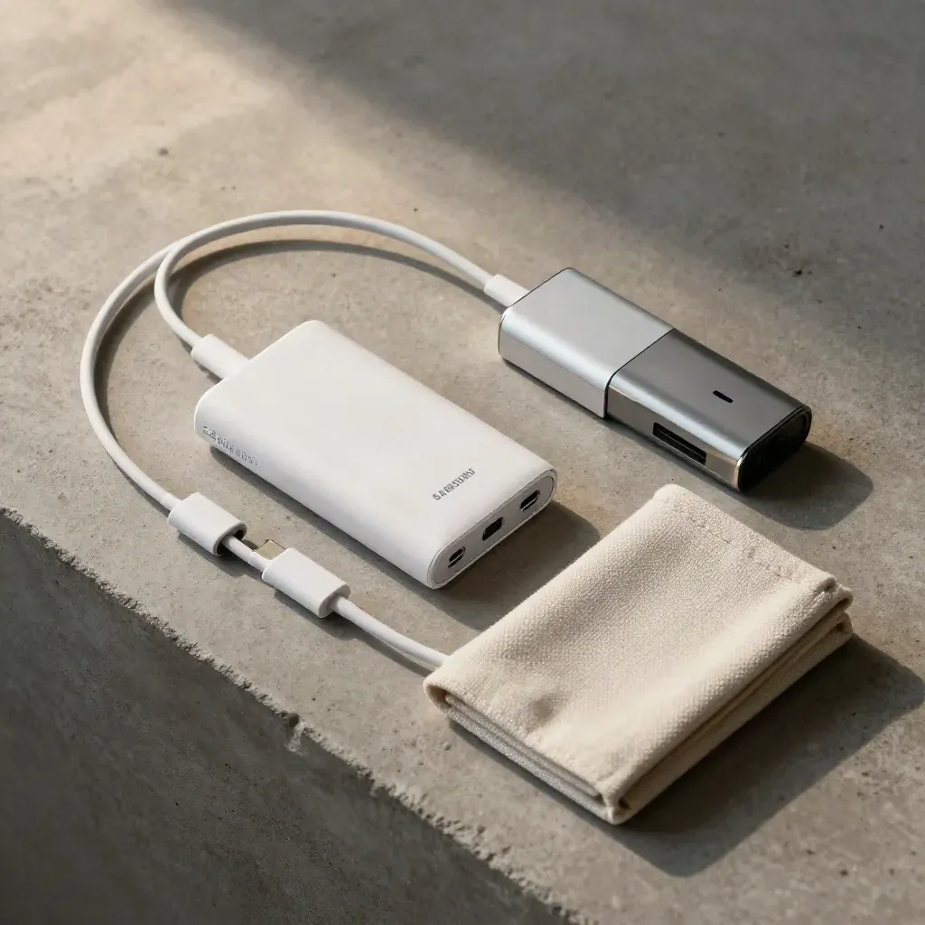 삼성 배터리팩과 USB-C 케이블, 충전 허브와 천 파우치가 놓인 탑다운 플랫레이