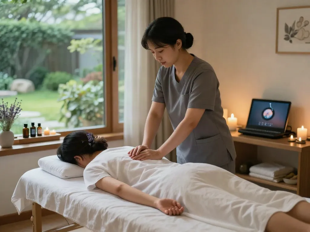 At-home 용인출장안마 scene with massage therapist providing a soothing experience in a tranquil setting.