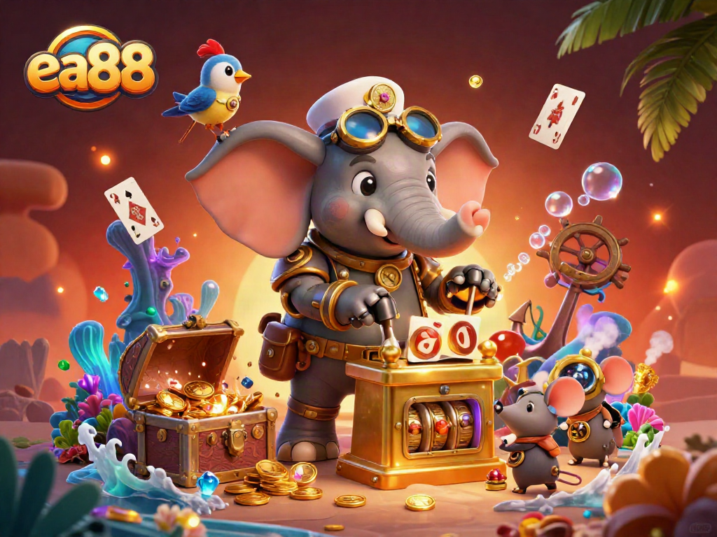 Engage in lucrative gameplay with the lively ea88 scene showcasing a steampunk elephant slot machine and treasure.