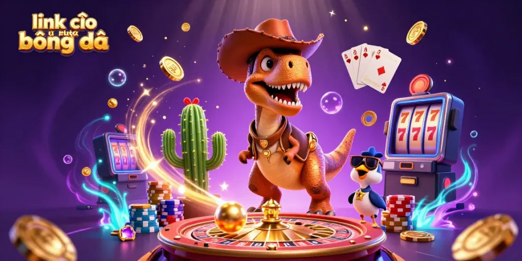 Engage in thrilling gameplay with "link vào kết quả bóng đá" featuring cartoon characters amidst cascading coins and vibrant gambling elements.