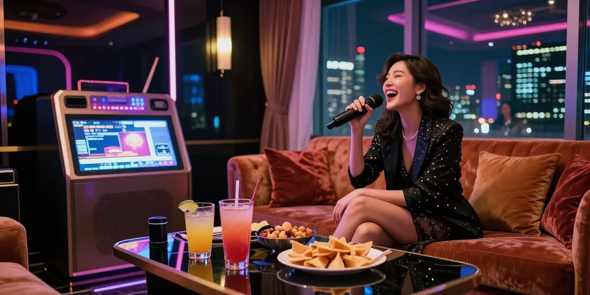 강남쩜오 프리미엄 노래방에서 즐거운 고객이 즐기고 있는 모습과 세련된 공간을 보여주는 이미지