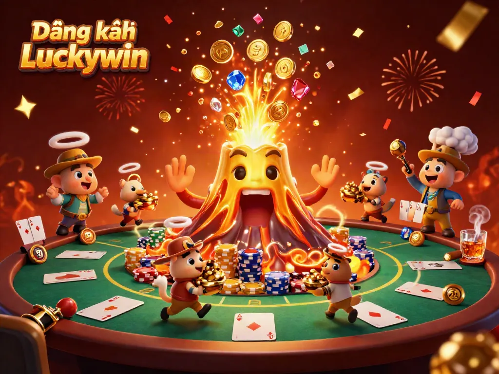Experience the thrilling action of Đăng ký Luckywin with a dynamic casino scene featuring erupting gold and treasure.