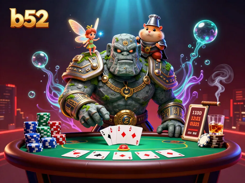 A brave hamster knight riding a stone golem amidst poker chips and cards, celebrating big wins at b52.